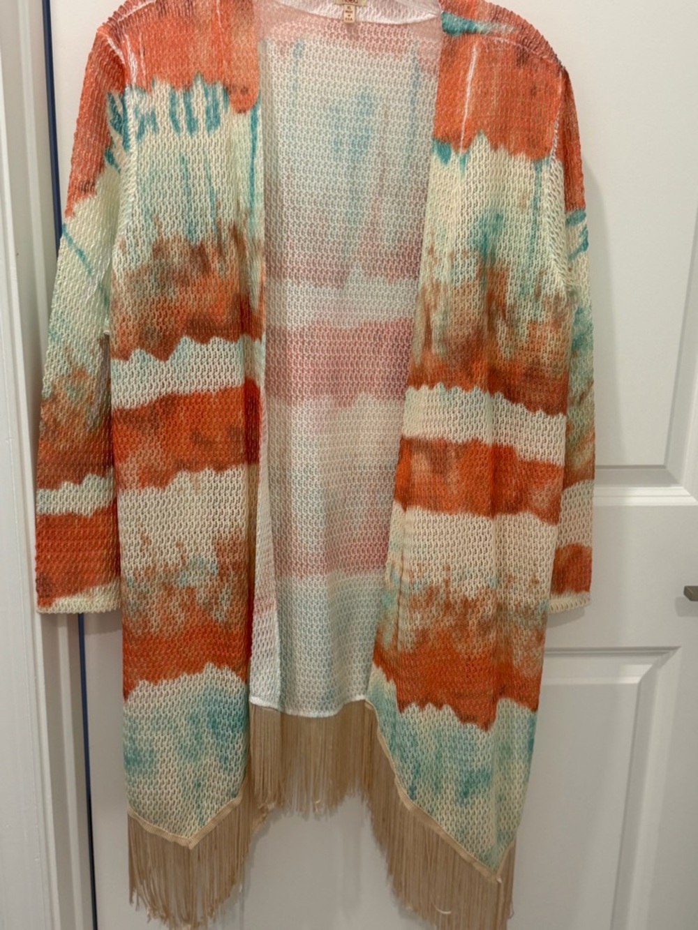 Reba Cream, Orange & Aqua Tie-Dye Fringe Open Cardigan